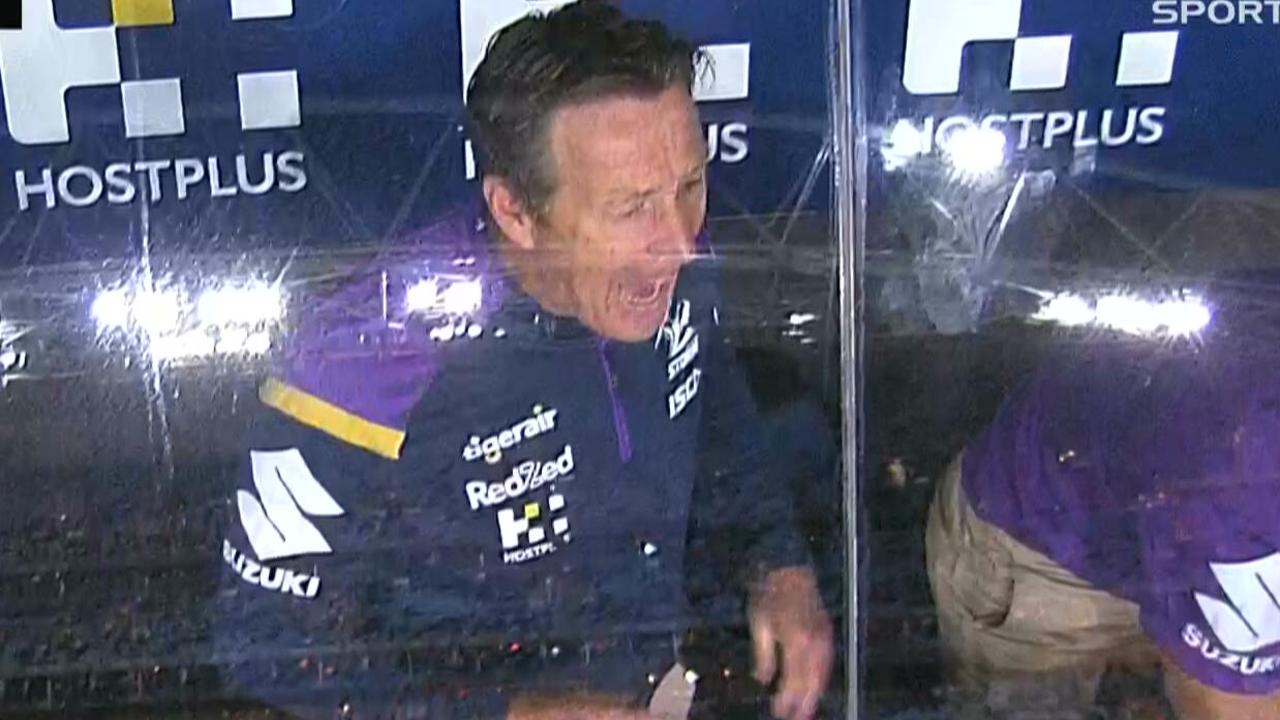 Storm coach Craig Bellamy goes nuts in the box, despite winning the grand final.