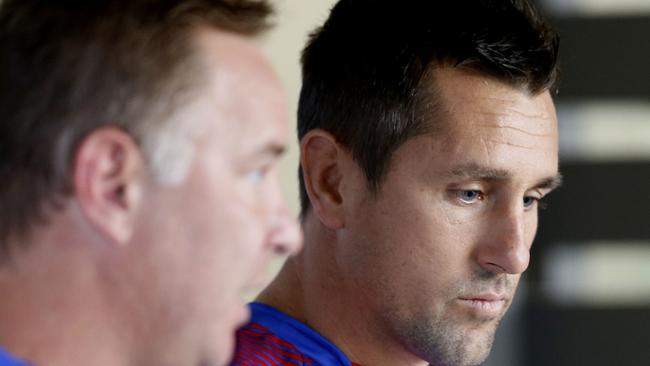 Knights coach Adam O'Brien and Mitchell Pearce address the media. Picture: Darren Pateman/AAP