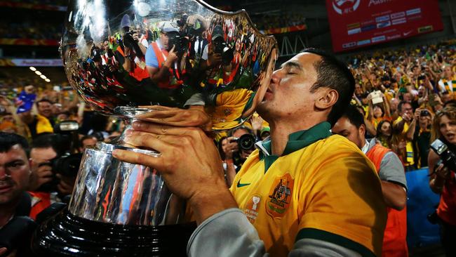 Tim Cahill of the Socceroos celebrates Australia’s 2015 Asian Cup win.