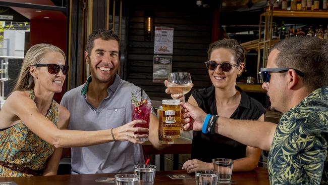 House of Brews in Surfers Paradise will be Schoolies free zone during Schoolies 2019. (l-r) Nicole Bevan, Damien Kanaghines, Jade Wood and Jim Balint (green top). Picture: Jerad Williams