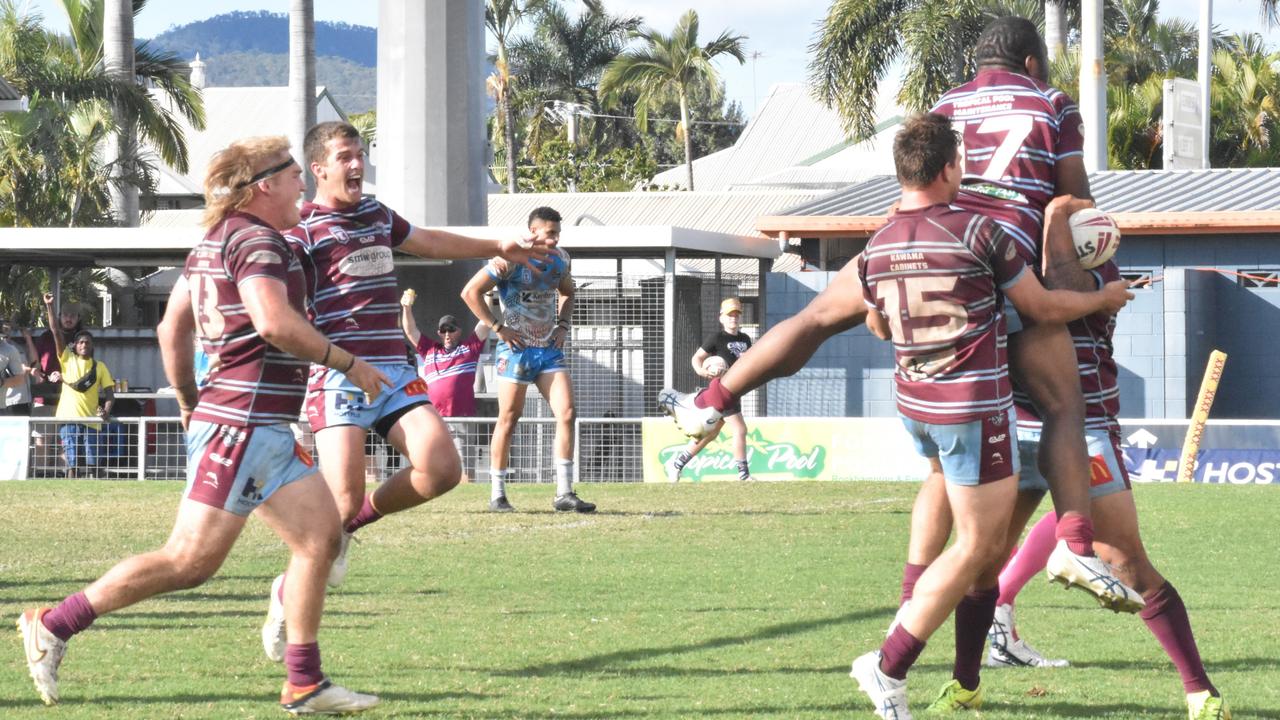 Celebration time for the CQ Capras after they scored their fifth try of the second half to seal a memorable victory.