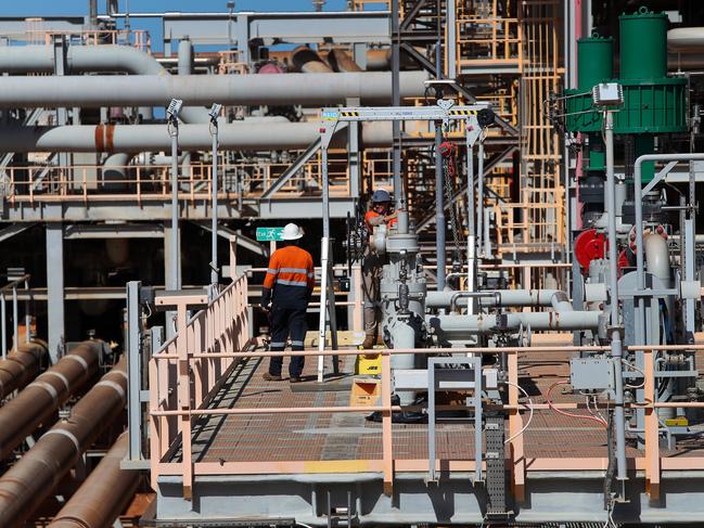 Workers at the Gorgon liquefied natural gas (LNG) and carbon capture and storage (CCS) facility, operated by Chevron on Barrow Island. Picture: Bloomberg