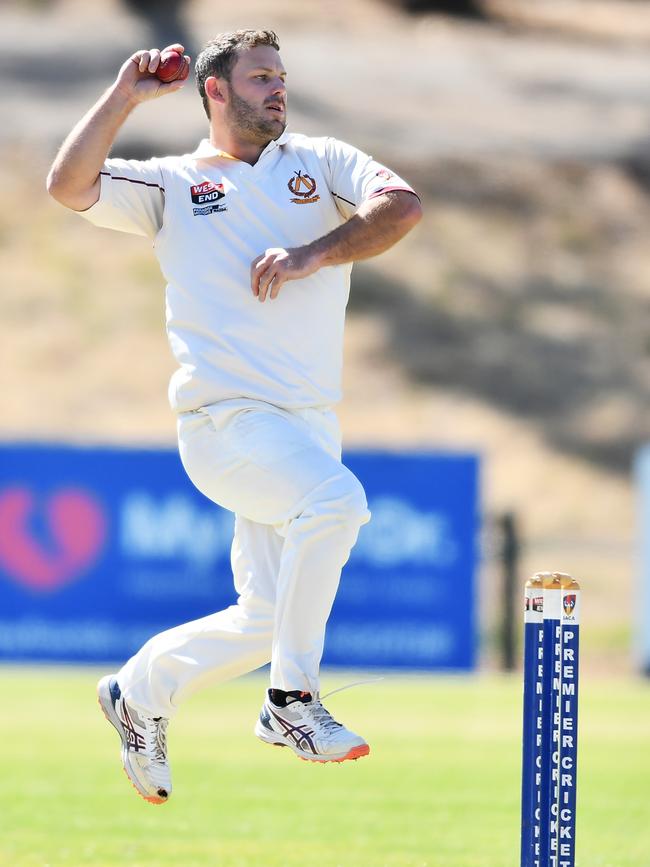 Tea Tree Gully’s Adam Somerfield bowls during a Premier Cricket match between the Bulls and Kensington last season. Picture: AAP/Mark Brake