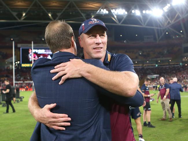 BRISBANE, AUSTRALIA - MAY 08: Reds coach Brad Thorn celebrates winning the Super RugbyAU Final match between the Queensland Reds and the ACT Brumbies at Suncorp Stadium, on May 08, 2021, in Brisbane, Australia. (Photo by Jono Searle/Getty Images)