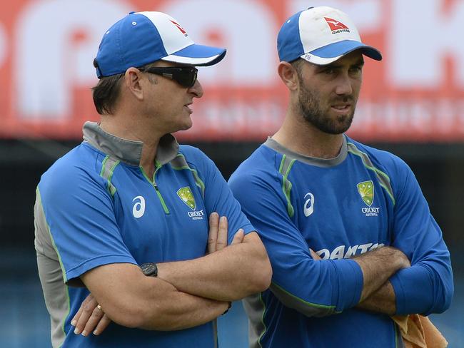 Glenn Maxwell (right) and team selector Mark Waugh. Picture: AFP