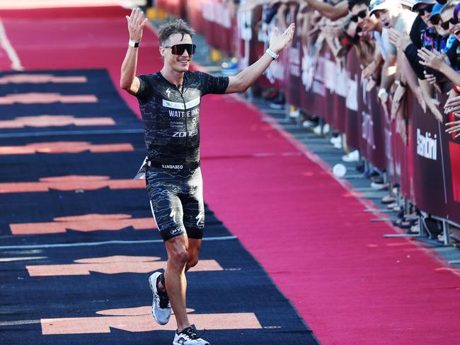 Josh Amberger was appreciative of the crowd as he crossed the finish line in third place in the 2021 Ironman Cairns race. Picture: Brendan Radke