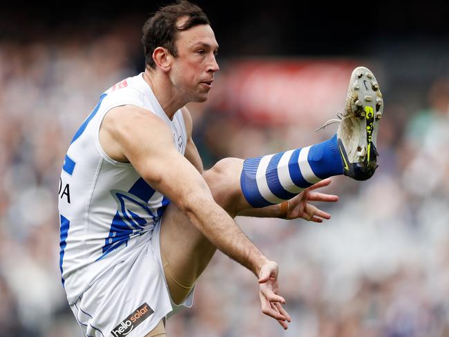 MELBOURNE, AUSTRALIA - JULY 09: Todd Goldstein of the Kangaroos kicks a goal during the 2022 AFL Round 17 match between the Collingwood Magpies and the North Melbourne Kangaroos at the Melbourne Cricket Ground on July 09, 2022 in Melbourne, Australia. (Photo by Dylan Burns/AFL Photos via Getty Images)