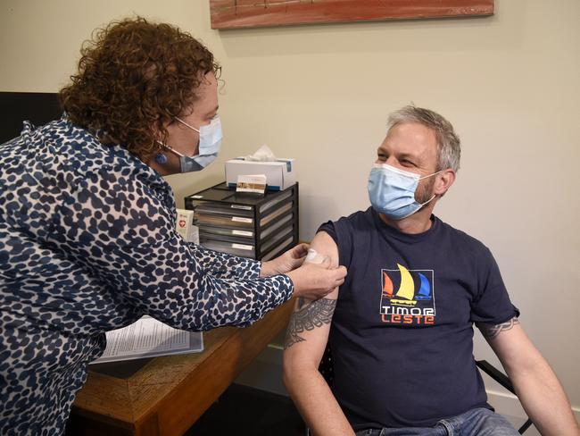 MELBOURNE, AUSTRALIA - NewsWire Photos JULY 22, 2021: Victoria's Chief Health Officer Professor Brett Sutton receives his second AstraZeneca vaccine from Dr Gillian Ambrose at The Hills Medical Practice at Olinda. Picture: NCA NewsWire / Andrew Henshaw - POOL via NCA NewsWire