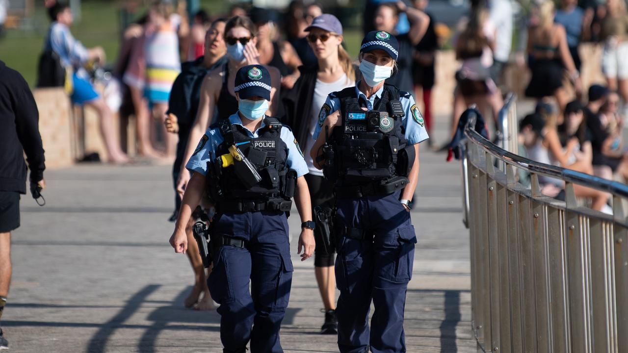 Police officers patrolling at Bronte Beach, Sydney. Picture: NCA NewsWire/James Gourley