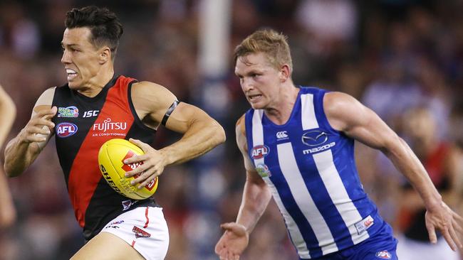 North Melbourne captain Jack Ziebell spent most of his day chasing Essendon tail, managing just six disposals. Picture: Michael Klein