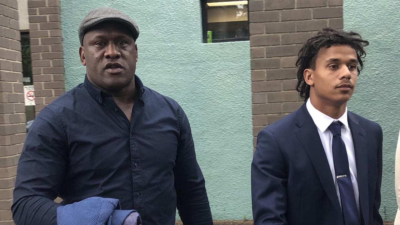 Wendell Sailor took time off from his role as a radio presenter at Triple M to support Tristan (right) in court. They are pictured during a previous court appearance. Picture: Eliza Barr