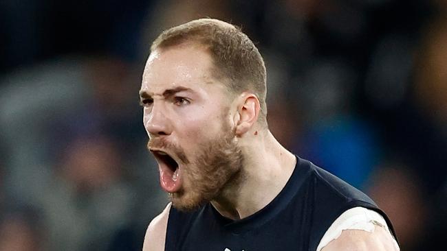 MELBOURNE, AUSTRALIA - JULY 21: Harry McKay of the Blues celebrates a goal during the 2024 AFL Round 19 match between the Carlton Blues and the North Melbourne Kangaroos at Marvel Stadium on July 21, 2024 in Melbourne, Australia. (Photo by Michael Willson/AFL Photos via Getty Images)