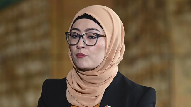 Senator Fatima Payman announcing her resignation from the Labor Party. Picture: Martin Ollman