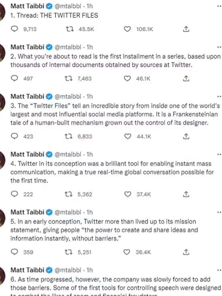 Matt Taibbi released the ‘Twitter Files’ on Friday. Picture: Twitter