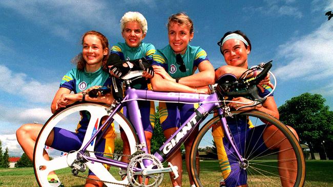 The 1994 Australian Womens cycling road team — "Roadette Jets" (L-R) Cathy Reardon, Kathy Watt, Louise Nolan &amp; Rachel Victor.