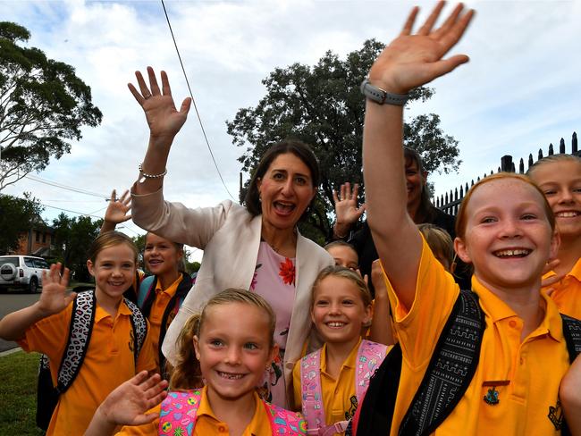 Premier Gladys Berejiklian with students at Revesby South Public School today.