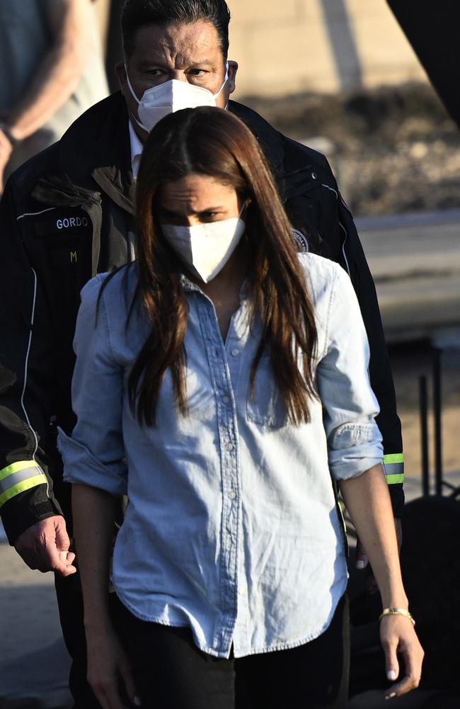 Meghan Markle with mayor of Pasadena Victor Gordo at a home that was destroyed by fires. Picture: Pasadena Star News via Getty