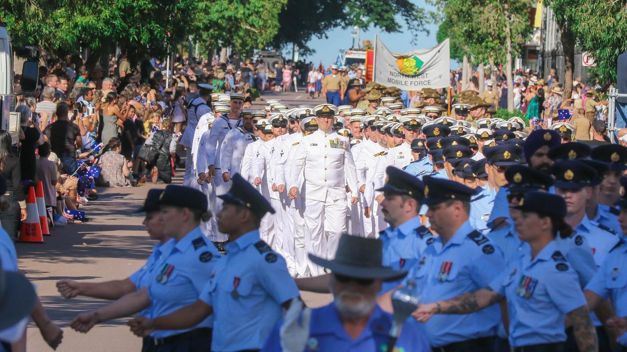 the march on Darwin's Knuckey St commemorating ANZAC Day 2021. Picture Glenn Campbell