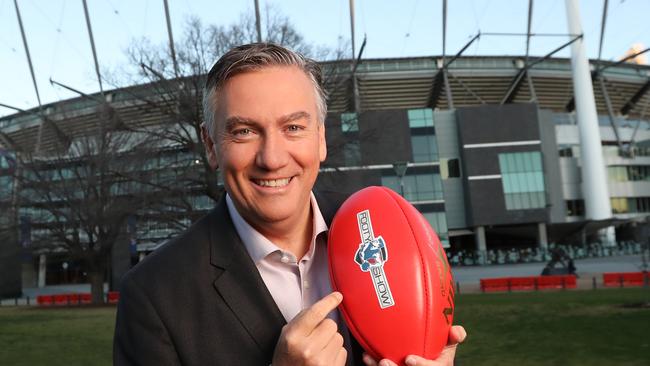 Eddie McGuire returns to the Footy Show team with Sam Newman and Rebecca Maddern. Picture: Alex Coppel.