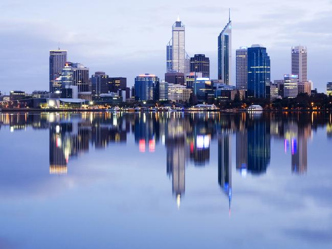 Perth Skyline Western Australia reflected in the Swan River at Dawn