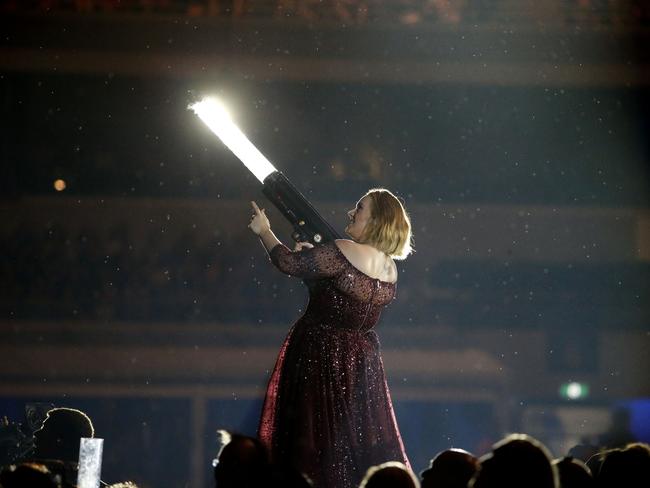 Adele uses a cannon to fire out gifts to the lucky Brisbane audience. Picture: Glenn Hunt/Getty Images