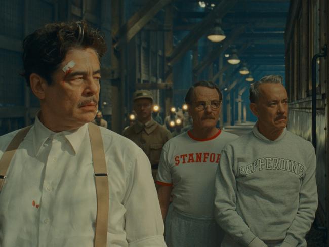 Benicio Del Toro as Zsa-Zsa Korda, Bryan Cranston as Reagan and Tom Hanks as Leland in director Wes Anderson's The Phoenician Scheme.