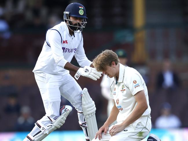 Australia’s Cameron Green after being hit in the head while bowling. Picture: Phil Hillyard