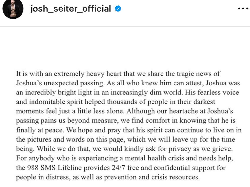 His family issued a heartbreaking statement on Seiter's Instagram account.