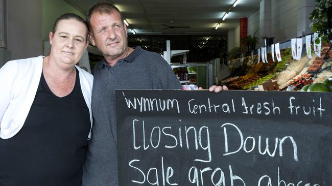 Charnelle Wilson and Tony Penglase are co owners of Wynnum Central Fresh Fruit Barn and are closing their Edith Street business. Picture: AAP/Renae Droop