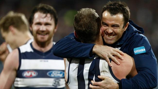 Chris Scott with big guns Joel Selwood and Patyrick Dangerfield after his side’s last-gasp win over the Demons at GMHBA Stadium. Pic: Getty Images