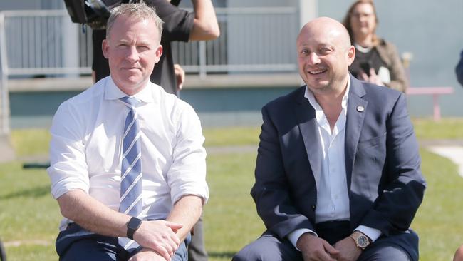 Premier Will Hodgman and NBL executive director Larry Kestelman at a launch event at Riverside Primary School for the NBL Blitz. Picture: PATRICK GEE