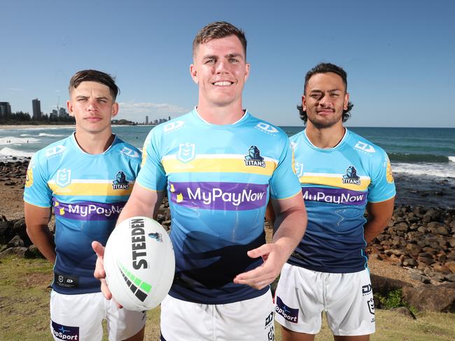 Jersey launch for the Titans season 2023 at Burleigh Heads. Jayden Campbell, Beau Fermor and Phillip Sami  modelling the new jersey. Picture Glenn Hampson