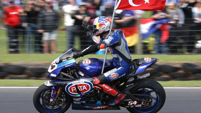 PHILLIP ISLAND, AUSTRALIA - FEBRUARY 29: Toprak Razgatlioglu of Turkey riding the #54 PATA Yamaha WorldSBK Official Team Yamaha celebrates after winning race one of round one of the 2020 Superbike World Championship at Phillip Island Grand Prix Circuit on February 29, 2020 in Phillip Island, Australia. (Photo by Robert Cianflone/Getty Images)