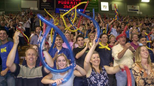 The capacity crowd at Adelaide Arena celebrates Adelaide 36ers’ 2002 championship win.