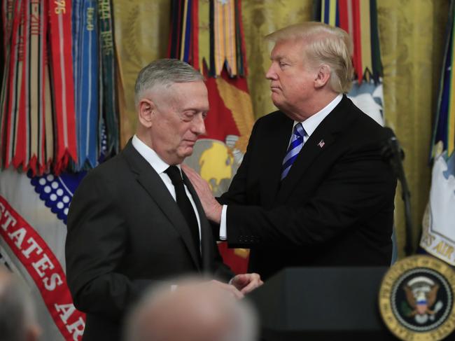 President Donald Trump acknowledges Defense Secretary Jim Mattis during a reception commemorating the 35th anniversary of the attack on Beirut Barracks in the East Room at the White House in Washington, Thursday, Oct. 25, 2018. (AP Photo/Manuel Balce Ceneta)