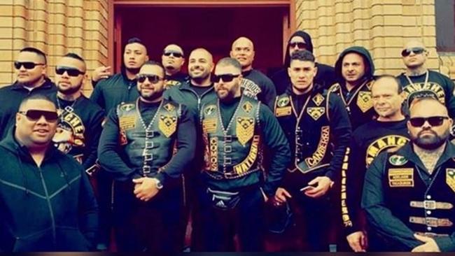 Comanchero bikies are pictured as they wear their colours to the funeral of Mark Buddle's mother who was laid to rest in a $45,000 coffin. Picture: Instagram