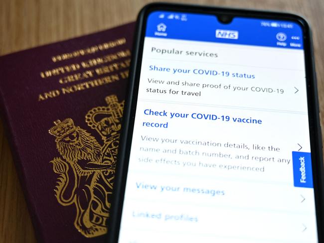 The National Health Service (NHS) app which displays the bearer’s vaccine status. Picture: AFP