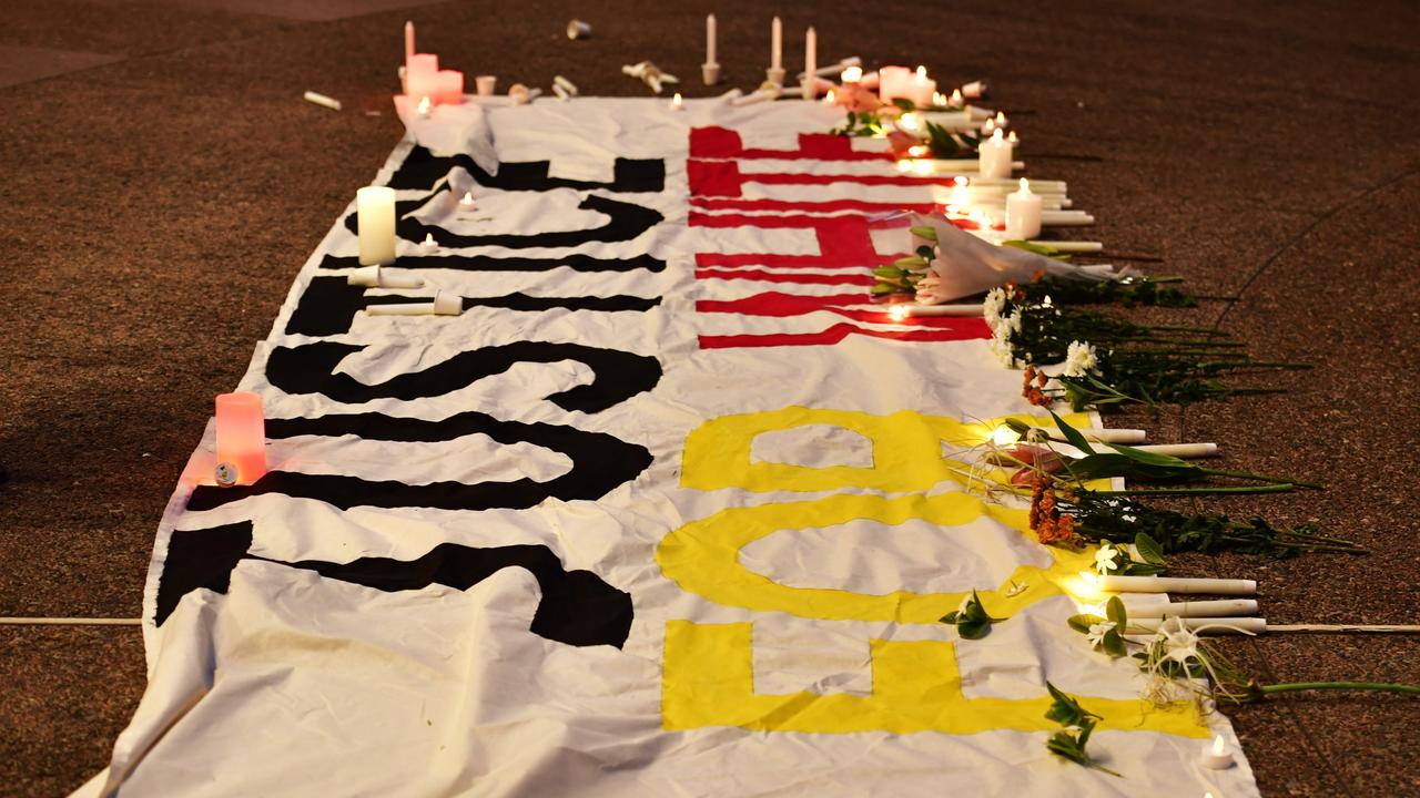 Hundreds of Top End residents gathered outside the NT Parliament on Wednesday for a vigil for Kumanjayi White, a 24-year-old Warlpiri man with a disability who died after being restrained by police in the Alice Springs Coles. Picture: Zizi Averill