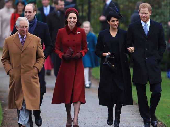 (L-R) Prince Charles, Prince William, Catherine, Duchess of Cambridge, Meghan, Duchess of Sussex and Prince Harry arrive for Church service at Sandringham. Picture: Getty Images