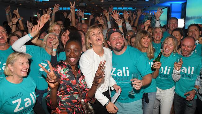 Independent for Warringah Zali Steggall celebrates her win at Manly Pacific Novotel on Election Day in Sydney, Saturday, 18 May, 2019. (AAP Image/Dylan Coker)