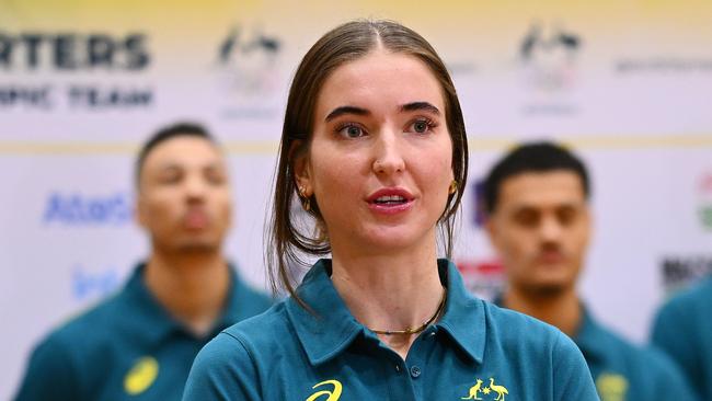 Anneli Maley speaks to media during the Australian 2024 Paris Olympic Games Basketball Squad announcement.