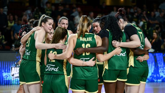 ADELAIDE, AUSTRALIA - MAY 07: Opals huddle after winning the Trans-Tasman Throwdown match between the Australia Opals and the New Zealand Tall Ferns at Adelaide Entertainment Centre on May 07, 2025 in Adelaide, Australia. (Photo by Mark Brake/Getty Images)