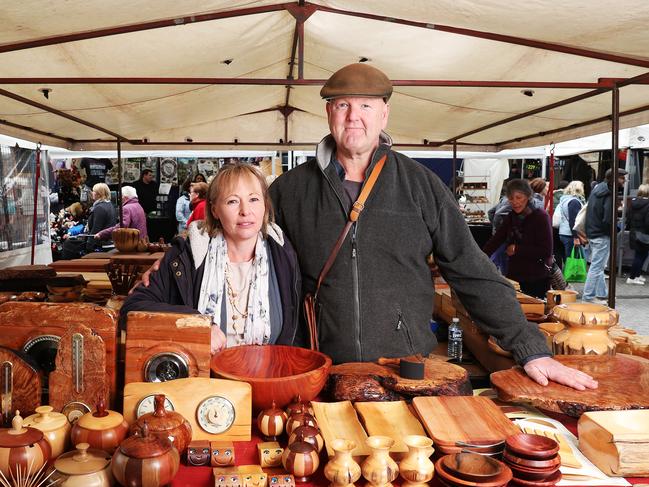 SUN TAS.  Linda and Justin Fry who operate stall Salamanca Woodcraft at the Salamanca Markets and have done for 29 years are concerned how a closure to the market due to coronavirus/COVID-19 will impact stallholders like themselves who solely trade out of the Salamanca Market.  Picture: NIKKI DAVIS-JONES