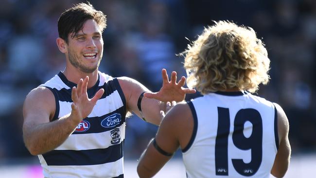 Tom Hawkins booted seven goals to close the gap in the Coleman Medal race. Picture: AAP