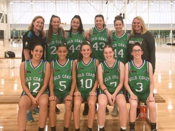 Gold Coast Under 18 Girls Waves Seated left to right: Reese Andrade, Halle Brooker, Casey Walker, Abbey Hamill Yarra Adnum Lamb, Standing: Coach Karen Ostrouhoff, Cassidy Muir, Wendy Stone, Makayla Greensill, Bridgette Kennedy, Assistant Coach Renae Grayson. Absent: Shakira Grayson. Picture: Supplied. 