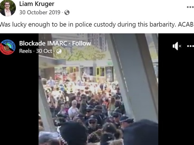 Greens-backed Liam Kruger, running for Bayside council, posts on his social media celebrating that he'd been locked up and admitting to breaking the law.