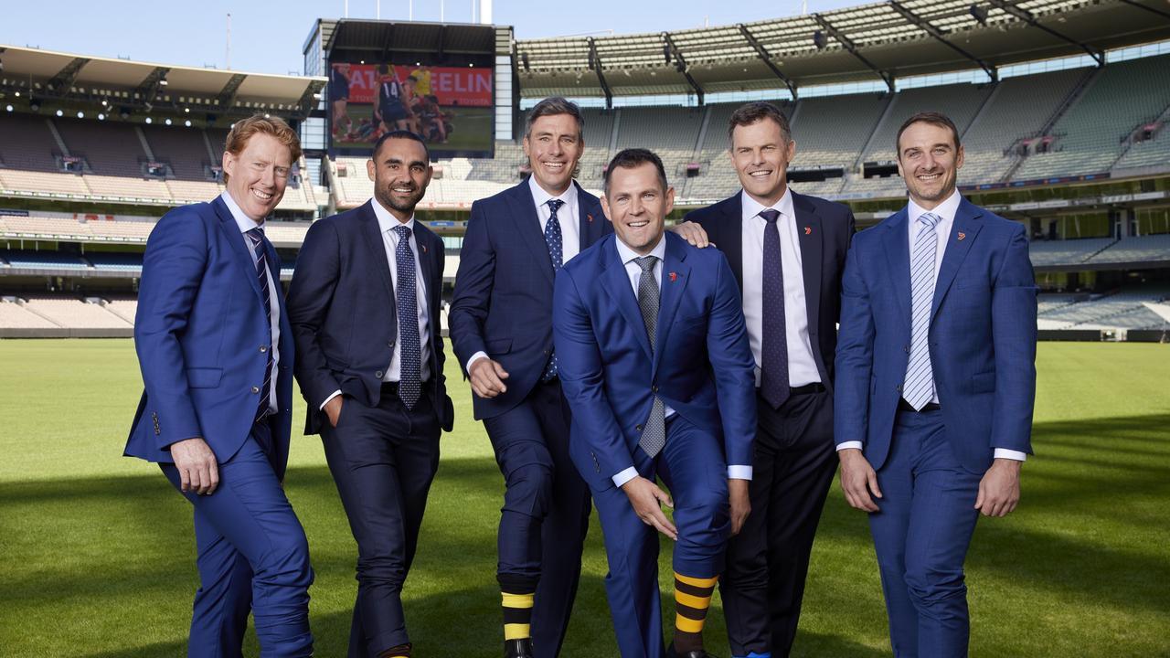 You can’t win in the footy media world. Channel 7 commentators Cameron Ling, Shaun Burgoyne, Matthew Richardson, Luke Hodge, Luke Darcy and Jobe Watson.