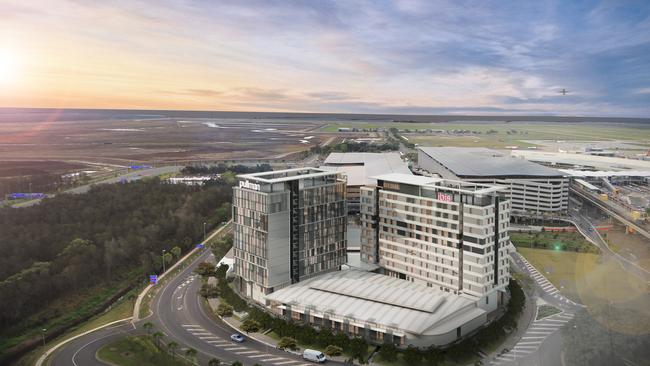 An aerial shot of the hotels at the airport.