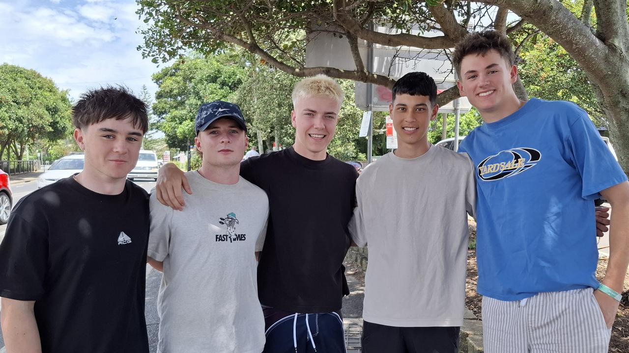 Eamon Healy, 18, Thomas Maltman, 18, Charlie Berger, 18, Harry Fitzgerald, 18, and Lachlan Micallef, 18, at Byron Bay Schoolies celebrations on November 28, 2024. Picture: Sam Stolz.