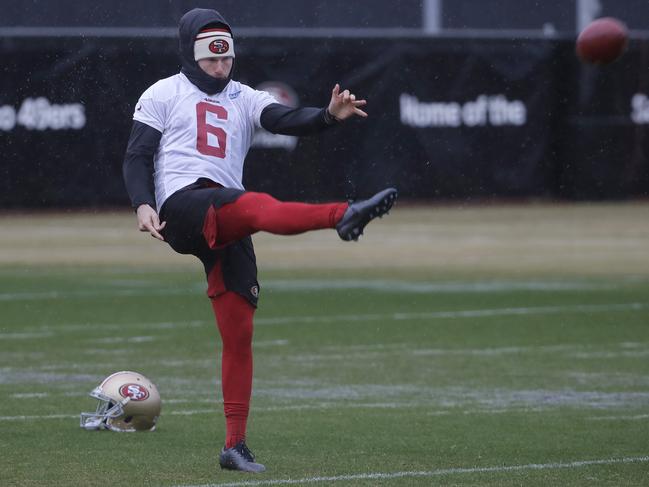 San Francisco 49ers punter Mitch Wishnowsky (6) practices at the team's NFL football training facility in Santa Clara, Calif., Thursday, Jan. 16, 2020. The 49ers are scheduled to host the Green Bay Packers in the NFC Championship game on Sunday. (AP Photo/Jeff Chiu)